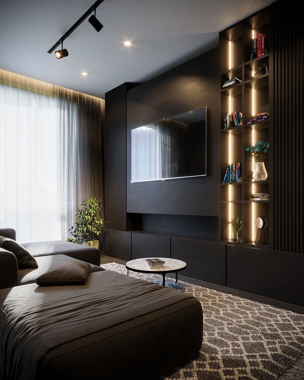 Living room finished in dark wood with lit shelving