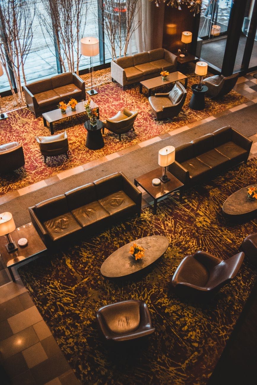 Leather seating groups in a warmly lit lounge
